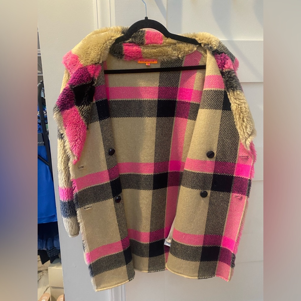 Anthropologie Vilagallo Plaid with hot pink statement teddy jacket - Picture 7 of 8